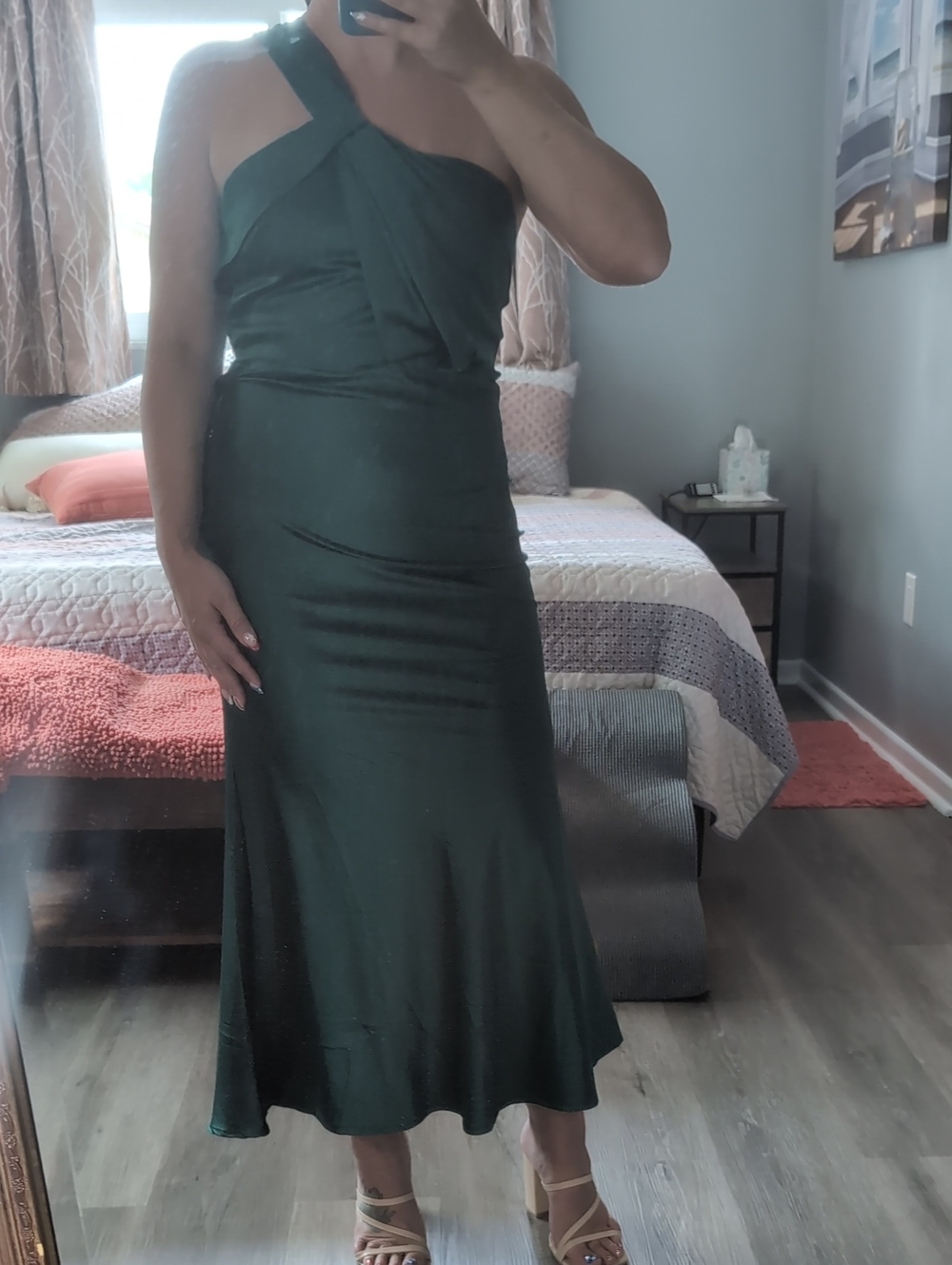One-Shoulder Dark Green Women's Dress
